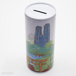 Kids Iron <em>Money</em> <em>Box</em> Shaped in cylinder with Modern Building Pattern