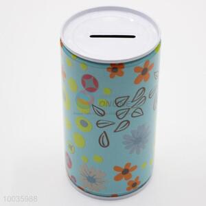 Blue Kids Iron <em>Money</em> <em>Box</em> Shaped in cylinder with Colorful Flowers Pattern