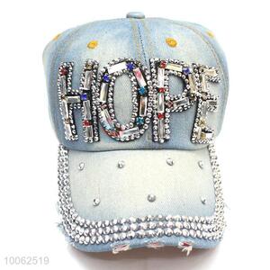 Fashion crystal HOPE shape cowboy/boven hat peak cap distressed denim washed denim sun-shade hat