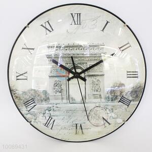 Hot sale vintage round plastic wall clock with building pattern