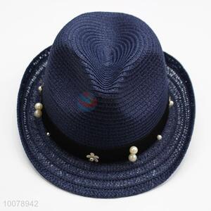 Fashionable new style blue panama hats beach hat with beads decoration