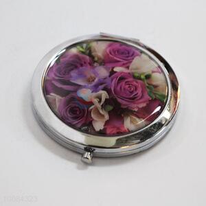 Purple Rose Round Foldable Pocket Epoxy Sticker Mirror/Makeup Mirror