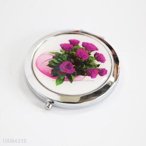 Purple Rose Round Foldable Pocket Epoxy Sticker Mirror/Makeup Mirror