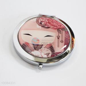 Pink Doll Round Foldable Pocket Epoxy Sticker Mirror/Makeup Mirror