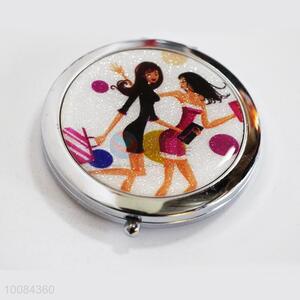 Shopping Girl Round Foldable Pocket Epoxy Sticker Mirror/Makeup Mirror