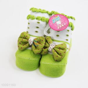 3D Green Bowknot Anti Slip Cotton Baby Sock/ Soft Baby Socks