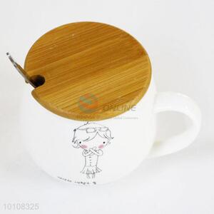 Top quality cute ceramic cup mug with lid and spoon