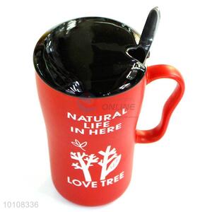 Cheap Gift Red Ceramic Cup Tea Coffee Mug with Lid/Spoon