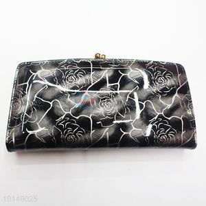 Black Rose Printed PU Leather Wallets Women Hasp Long Purse