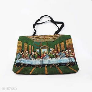 28*38cm Green Background The Last Supper Printed Grosgrain Hand Bag with Zipper,Black Belt