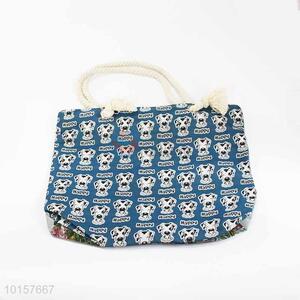 28*38cm Cute Dog Printed Grosgrain Hand Bag with Zipper,White Twine Belt