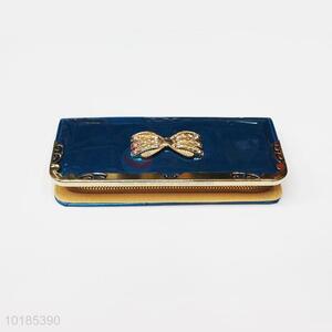 Decorative Bowknot Design Blue Rectangular PU Purse/Wallet for Ladies