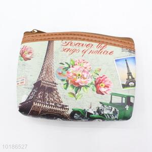 Portable Eiffel Tower and Flower Pattern PVC with Lining Wallet Coin Case Bag