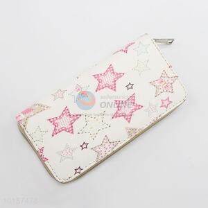 Elegant White Color Star Printed Women Long Leather Wallet