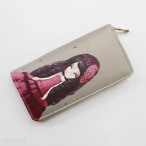 Girl Printed Grey Color Leather Long Zipper Wallet