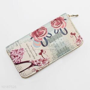 Elegant Printed Women Long Leather Wallet Zipper Purse