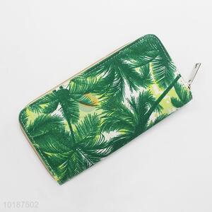 Green Canvas Coconut Tree Pattern Women Long Wallet