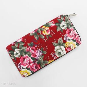 Vintage Flower Pattern Women Red Wallet Girl Long Purse