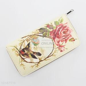 Vintage Bird Flower Pattern Fashion Leather Zipper Wallet