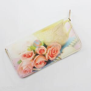 Flower Pattern Leather Women Wallet Long Zipper Purse