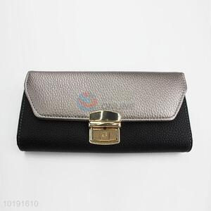 Black Grey PVC Leather Long Women Wallet with Metal Button