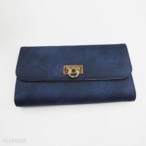 Wholesale Vintage Dark Blue PVC Leather Women Long Wallet with Gold Metal Button