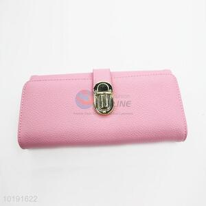 Simple Design Pink PVC Leather Long Wallet Women Purse with Metal Button