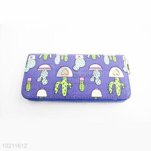 Nice Cartoon Cactus Printed Canvas Purse&Wallet with Polyester Zipper for Sale