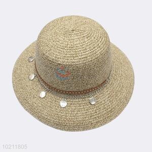 Women summer wide brim floppy straw hat with chain decoration