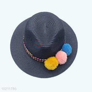 Summer wide brim paper straw hat with fuzzy ball