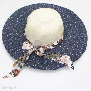 Wholesale Flower Printed Bowknot Ribbon Straw Hat Adult Women Girls Sun Hat