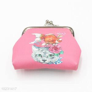 Pink Color Cat & Fish Pattern PVC Women Coin Bag