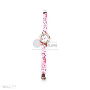 Promotional Pink Flower Pattern Wrist Watch with Leathern Watchband for Sale