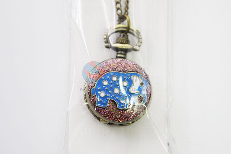 Elephant Pattern Metal Quartz Pocket Watches with Chain