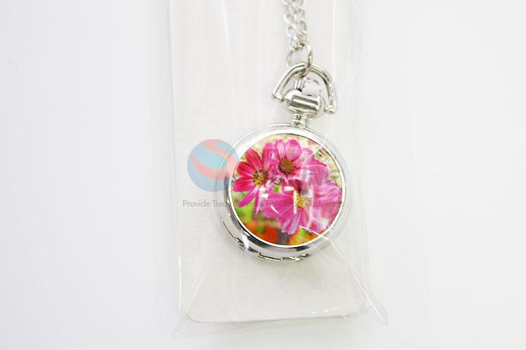 New Flower Printed Silver Metal Quartz Pocket Watches with Chain