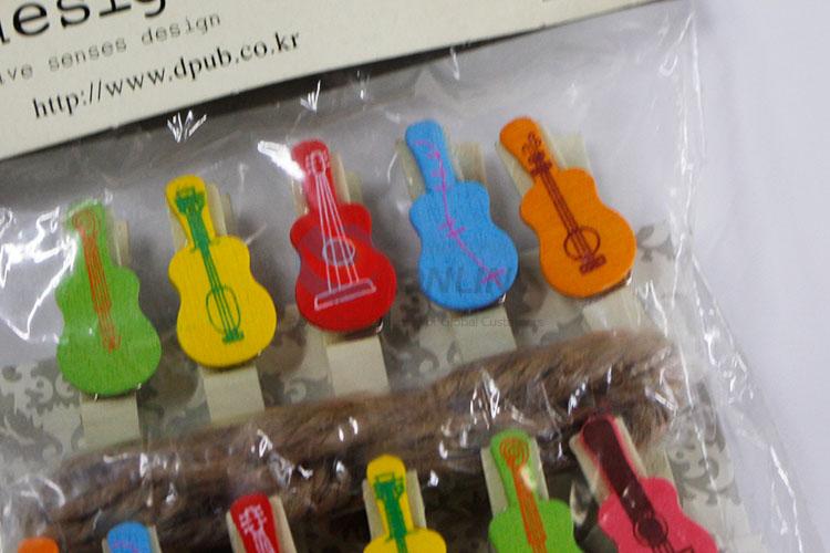 Colorful Cartoon Guitar Shaped Wooden Clip Photo Paper Craft DIY Clips with Hemp Rope