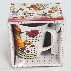 Wholesale Flower Pattern Ceramic Cup with Spoon