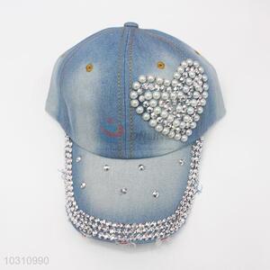 Heart Pattern Fashion Pearl Rhinestone Denim Hat Caps