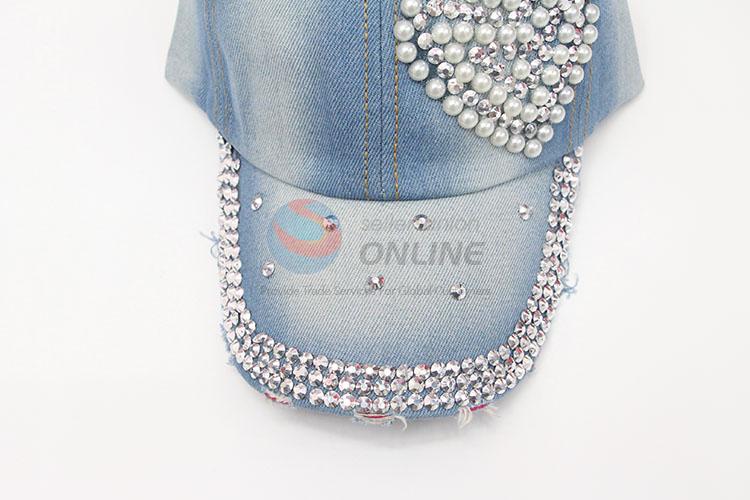 Heart Pattern Fashion Pearl Rhinestone Denim Hat Caps