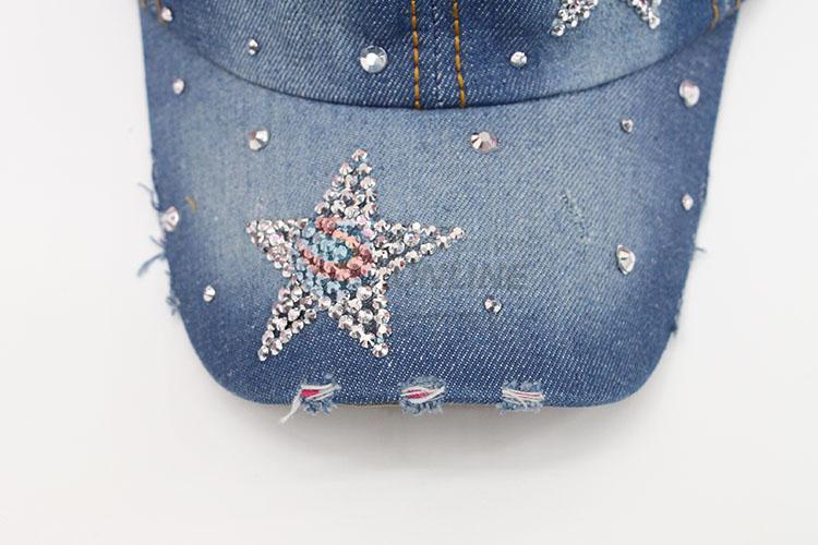 Star Design Fashion Rhinestone Blue Color Denim Hat Caps