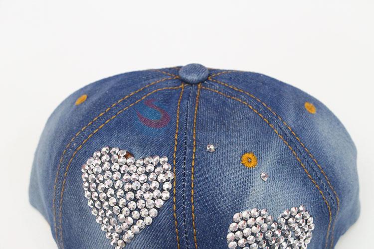 Heart Design Fashion Rhinestone Blue Color Denim Hat Caps