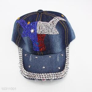 Cool Dark Blue Denim Hat Rhinestone Caps