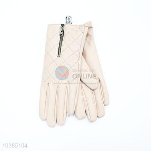 Women Warm Quilting PU Leather Gloves with Zipper