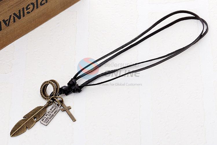 New Style Alloy Feather Pendant Leather Necklace