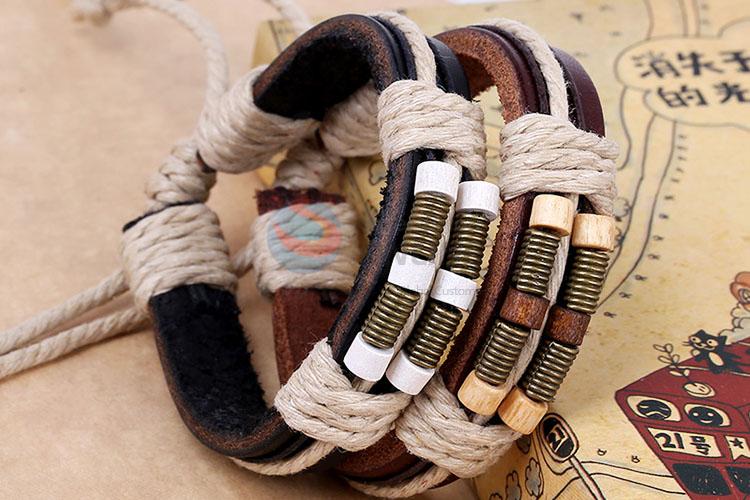 Popular Bronzer Springs Wooden Bead Leather Bracelet