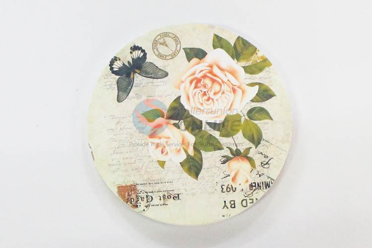 Rose Pattern Round Wood Cup Mat