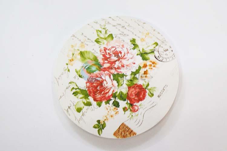 Flower Pattern Round Wood Cup Mat