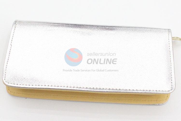 Silver Color Women Fashion Semi Pu Leather Long Wallet with Zipper