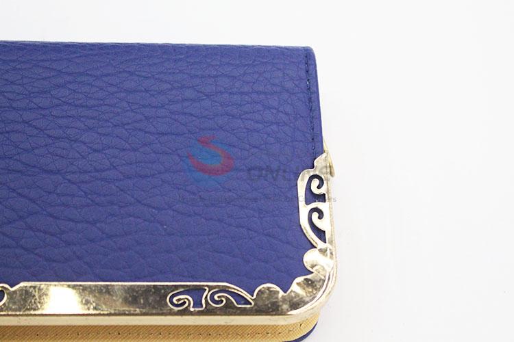 Fashion Women Zipper Design Semi Pu Leather Blue Long Wallet Purse