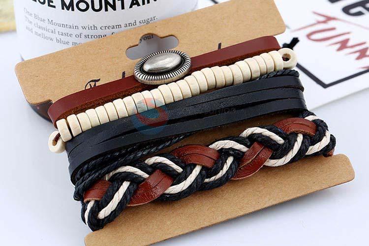 Customized wholesale cheap vintage braided leather bracelet set